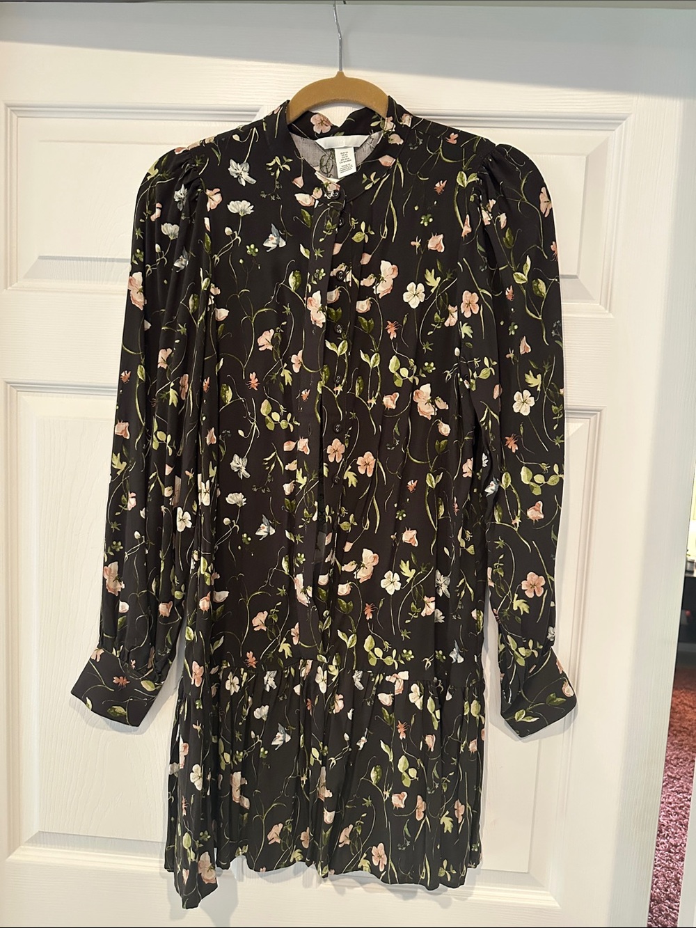 H&M Black Floral Long-Sleeve Mini Dress